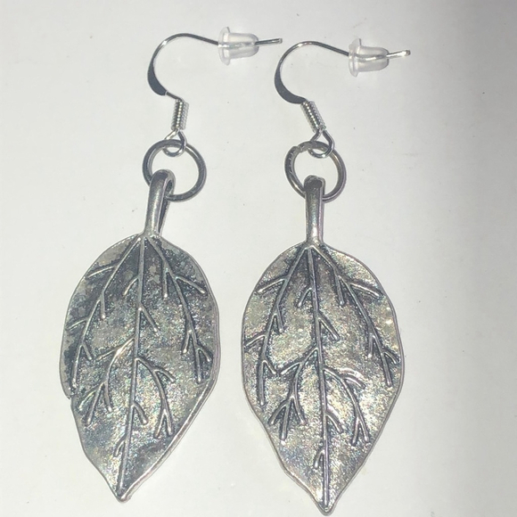 Boho Silver Tone Leaf Double Sided Dangling Pierced Earrings - Picture 3 of 5